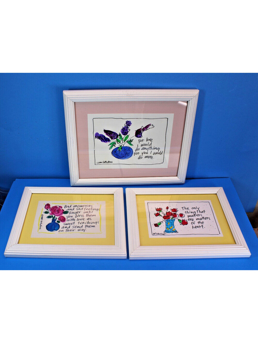 Vintage 1989 Sally Huss Whimsical Framed Art w Uplifting Messages White Frame x3